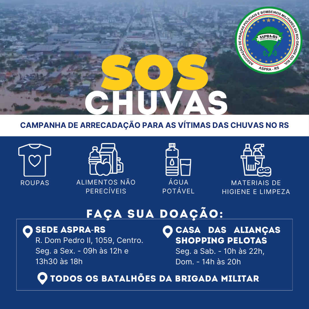 ASPRA-RS recebe doações na sede para as vítimas das chuvas no RS.